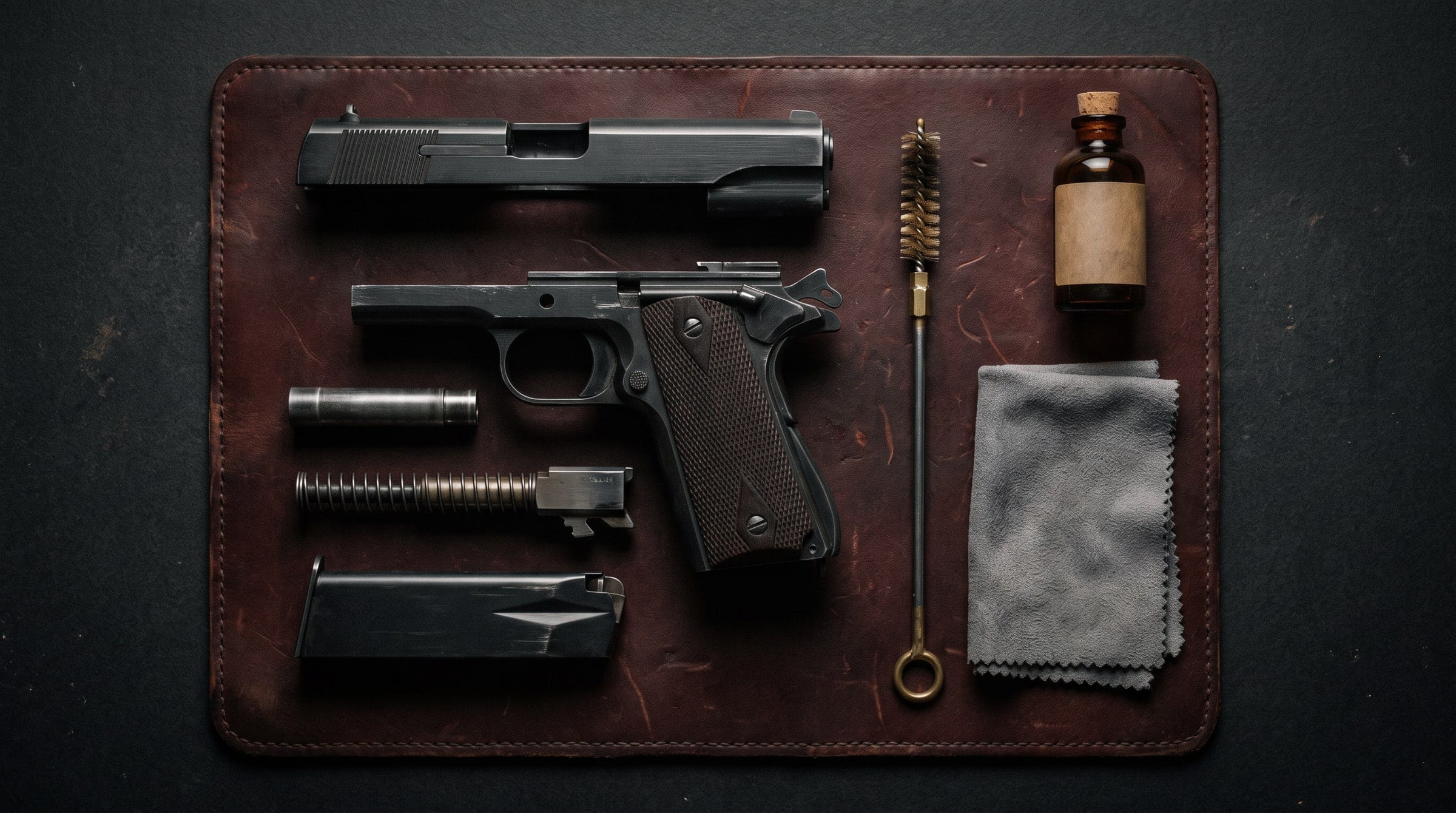 A field-stripped pistol laid out in order on a dark leather bench mat beside a bore brush, cleaning rod, cloth and solvent