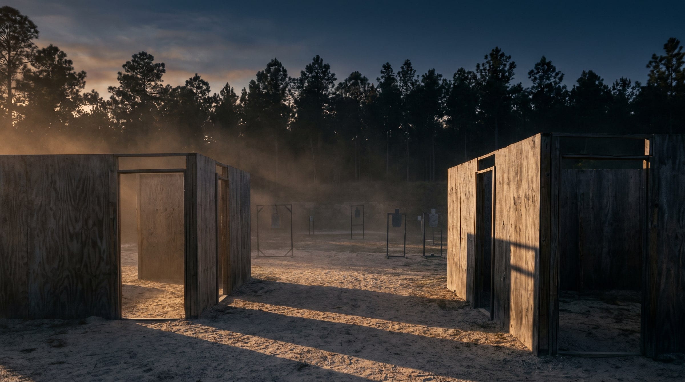 An empty outdoor scenario training bay at dusk: plywood walls and doorways on packed sand, long shadows, a pine treeline behind